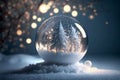 Holiday Card. Transparent Snow globe with snow and Christmas tree inside. Christmas glass ball on snow. Generative AI Royalty Free Stock Photo