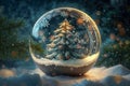 Holiday Card. Transparent Snow globe with snow and Christmas tree inside. Christmas glass ball on snow. Generative AI Royalty Free Stock Photo