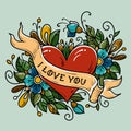 Holiday card for Valentines Day. Tattoo red heart decorated ribbon, blue flowers, leaves and curls. Lettering I LOVE YOU Royalty Free Stock Photo