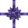 Holiday card with violet bow and ribbon. Realistic holiday decorations at gift banner, poster, coupon. Vector. Royalty Free Stock Photo