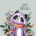 Holiday card with violet raccoon, wreath from the autumn leaves, berries and text `Give thanks` for Thanksgiving day. Royalty Free Stock Photo