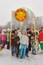 Holiday Carnival. Winter snow. Children with donuts. We are seeing winter