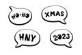 Holiday cartoon comic speech bubble sticker collection with various messages HO-HO, XMAS, HNY, 2023. Merry Christmas and