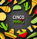 Holiday Celebration Banner for Cinco De Mayo with Chili Pepper, Sombrero Hat, Maracas, Mexican Food, Cactus Royalty Free Stock Photo