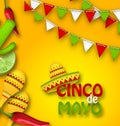 Holiday Celebration Banner for Cinco De Mayo with Chili Pepper, Sombrero Hat, Maracas, Piece of Lime, Cactus Royalty Free Stock Photo