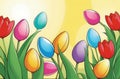 Holiday celebration banner with colorful tulips, spring flowers and colorful decorated Easter eggs on light background Royalty Free Stock Photo