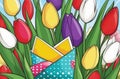 Holiday celebration banner with colorful tulips, spring flowers and colorful decorated Easter eggs on light background Royalty Free Stock Photo