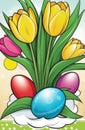 Holiday celebration banner with colorful tulips, spring flowers and colorful decorated Easter eggs on light background Royalty Free Stock Photo