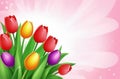 Holiday celebration banner with colorful tulips, spring flowers and colorful decorated Easter eggs on light background Royalty Free Stock Photo