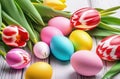 Holiday celebration banner with colorful tulips, spring flowers and colorful decorated Easter eggs on light background Royalty Free Stock Photo