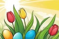 Holiday celebration banner with colorful tulips, spring flowers and colorful decorated Easter eggs on light background Royalty Free Stock Photo