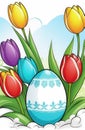 Holiday celebration banner with colorful tulips, spring flowers and colorful decorated Easter eggs on light background Royalty Free Stock Photo