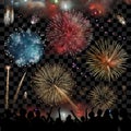 Holiday Celebration with fireworks show at night, silhouette of people watching a festive fireworks display, set of vector