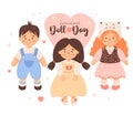 Holiday Children Day card. Kids doll toys. Cute girls with hairstyle in dress and funny boy in blue overalls. Vector