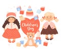 Holiday Children Day. Kids toys. Cute girls doll blonde and brunette, plush toy bear, cubes, pyramid with duck. Vector