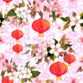 Holiday chinese lanterns in spring blossom - sakura flowers . Repeating pattern with asian ornament at background Royalty Free Stock Photo