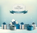 Holiday Christmas background with a border of gift boxes. Royalty Free Stock Photo
