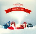 Holiday Christmas background with a presents and a magic box. Royalty Free Stock Photo