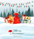 Holiday Christmas background with a sack full of gift boxes Royalty Free Stock Photo