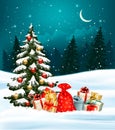 Holiday Christmas background with a sack full of gift boxes Royalty Free Stock Photo