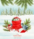 Holiday Christmas background with a sack full of gift boxes. Royalty Free Stock Photo