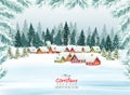 Holiday Christmas background with a village and trees. Royalty Free Stock Photo