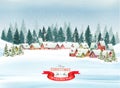 Holiday Christmas background with a village and trees. Royalty Free Stock Photo