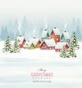 Holiday Christmas background with a village and trees. Royalty Free Stock Photo