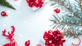 Holiday Christmas background. White gift box with red ribbon, New Year balls and winter tree in xmas composition on white for Royalty Free Stock Photo
