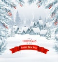 Holiday Christmas background with a winter village and branch of tree Royalty Free Stock Photo