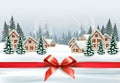 Holiday Christmas background with a winter village and  trees and red ribbon with bow Royalty Free Stock Photo