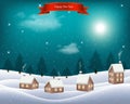 Holiday Christmas background with a winter village and trees. Vector Royalty Free Stock Photo