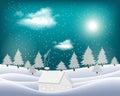 Holiday Christmas background with a winter village and trees. Vector Royalty Free Stock Photo