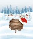 Holiday Christmas background with wooden sign and winter village. Royalty Free Stock Photo