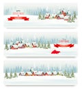 Holiday Christmas banners with villages and landscape.