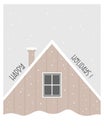 Holiday Christmas card with wooden snowy cabin and text Happy Holidays