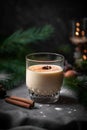 Holiday Christmas eggnog with whipped eggs, milk, cinnamon. Vertical format. Xmas beverage. Generative AI.