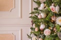 Holiday Christmas Gifts with Boxes and Balls, Pine Cones, Wallnuts, Fir Tree Toys.Pastel decoration for christmas tree