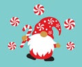 Holiday Christmas Gnome Holding Peppermint Candy Cane Vector