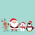 Holiday Christmas greeting card with Santa Claus, reindeer, snowman, and Penguin cartoon. Vector illustration Royalty Free Stock Photo