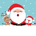 Holiday Christmas greeting card with Santa Claus, reindeer, and Snowman. Vector illustration Royalty Free Stock Photo