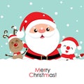 Holiday Christmas greeting card with Santa Claus, reindeer, and Snowman. Vector illustration Royalty Free Stock Photo