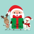 Holiday Christmas greeting card with Santa Claus, reindeer, and Snowman. Vector illustration Royalty Free Stock Photo