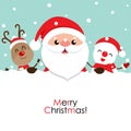 Holiday Christmas greeting card with Santa Claus, reindeer, and Snowman. Vector illustration Royalty Free Stock Photo