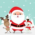 Holiday Christmas greeting card with Santa Claus, reindeer, and Snowman. Vector illustration Royalty Free Stock Photo