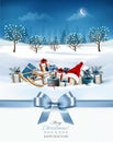 Holiday Christmas and Happy New Year background with evening landscape and christmas colorful presents with Santa hat Royalty Free Stock Photo