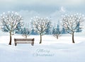 Holiday Christmas and Happy New Year background with evening landscape and trees with garland. Royalty Free Stock Photo