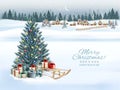 Holiday Christmas and Happy New Year background with a winter village and  a blue christmas tree, winter sledge Royalty Free Stock Photo