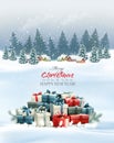 Holiday Christmas and Happy New Year background with a winter village and  christmas colorful presents Royalty Free Stock Photo