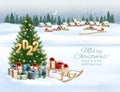 Holiday Christmas and Happy New Year background with a winter village and  christmas tree, winter sledge Royalty Free Stock Photo